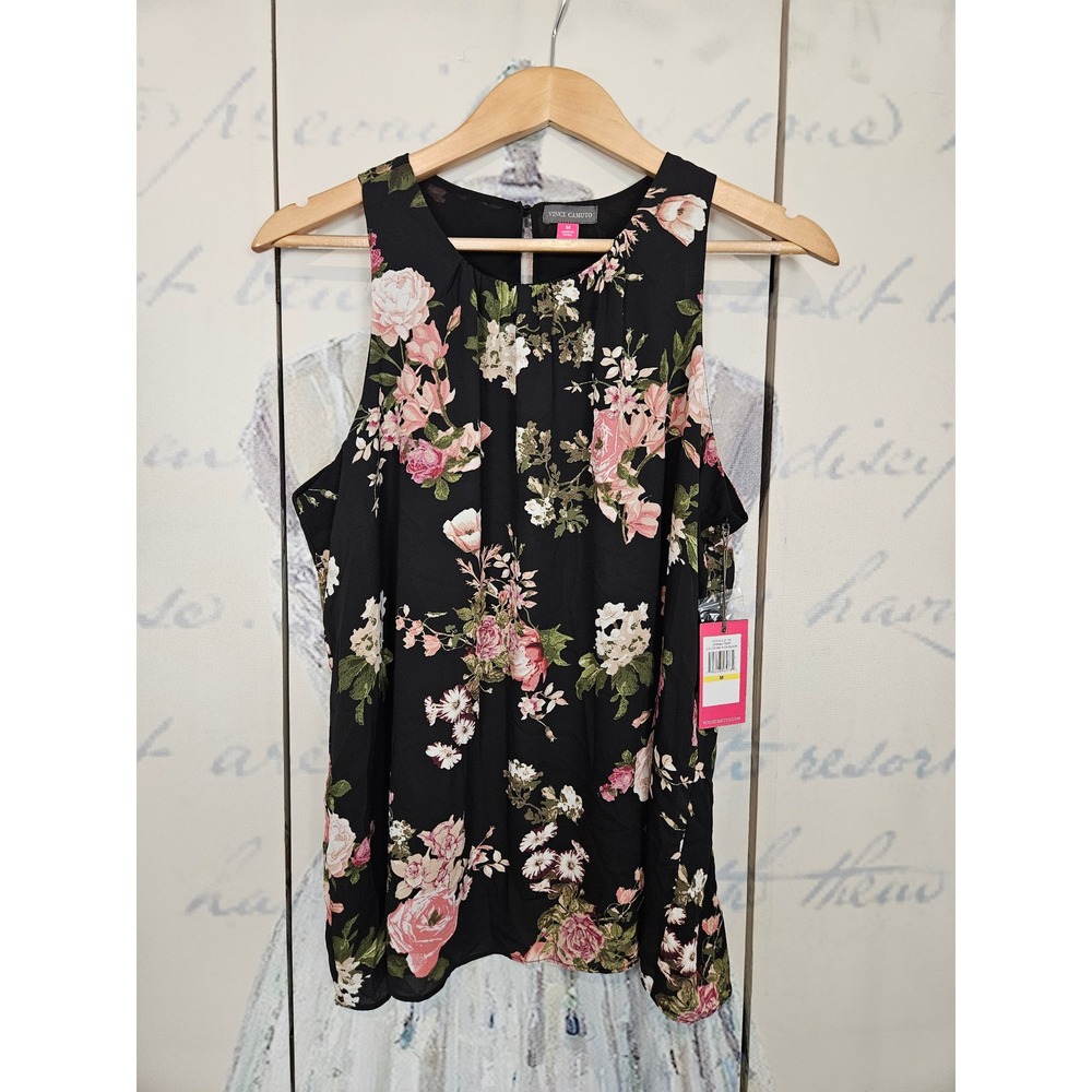 NWT Vince Camuto Blouse M Black Floral Pleated Sleeveless Shell Keyhole Top